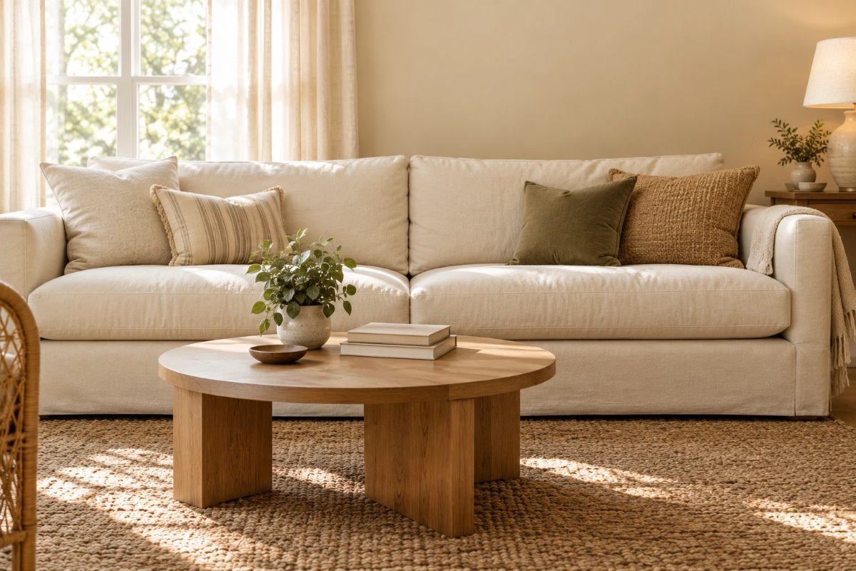 coffee table height vs sofa: a round oak coffee table in front of a linen sofa, sitting just below the seat cushions