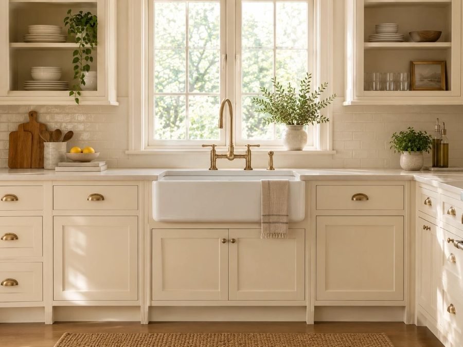 sherwin williams creamy on kitchen cabinets with brass pulls, a stone counter and a farmhouse sink