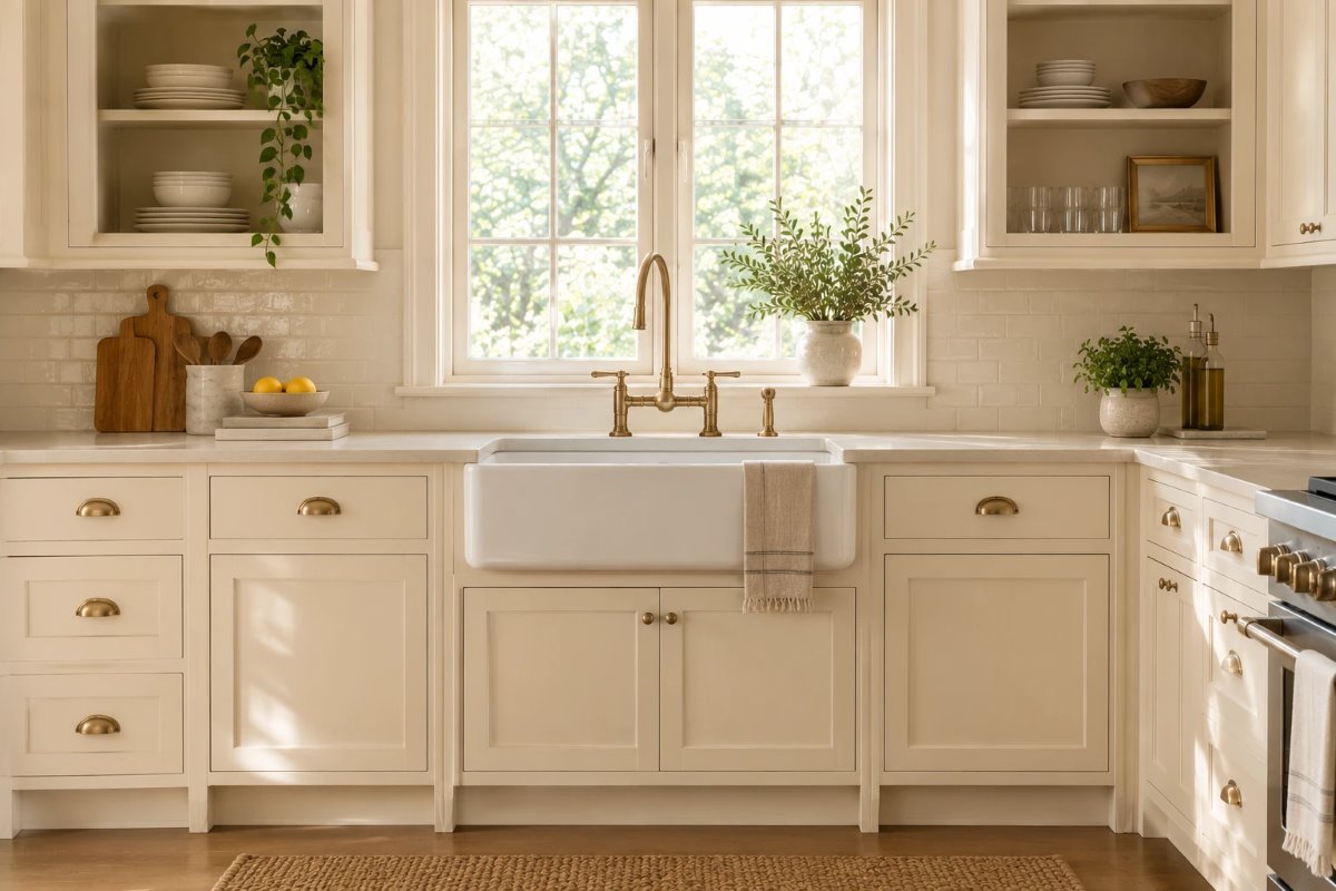 sherwin williams creamy on kitchen cabinets with brass pulls, a stone counter and a farmhouse sink