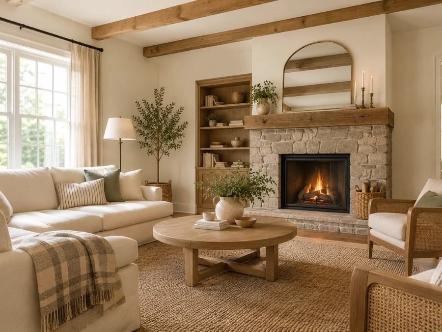 farmhouse living room paint colors: warm white walls, a linen sofa, an oak coffee table and a stone fireplace