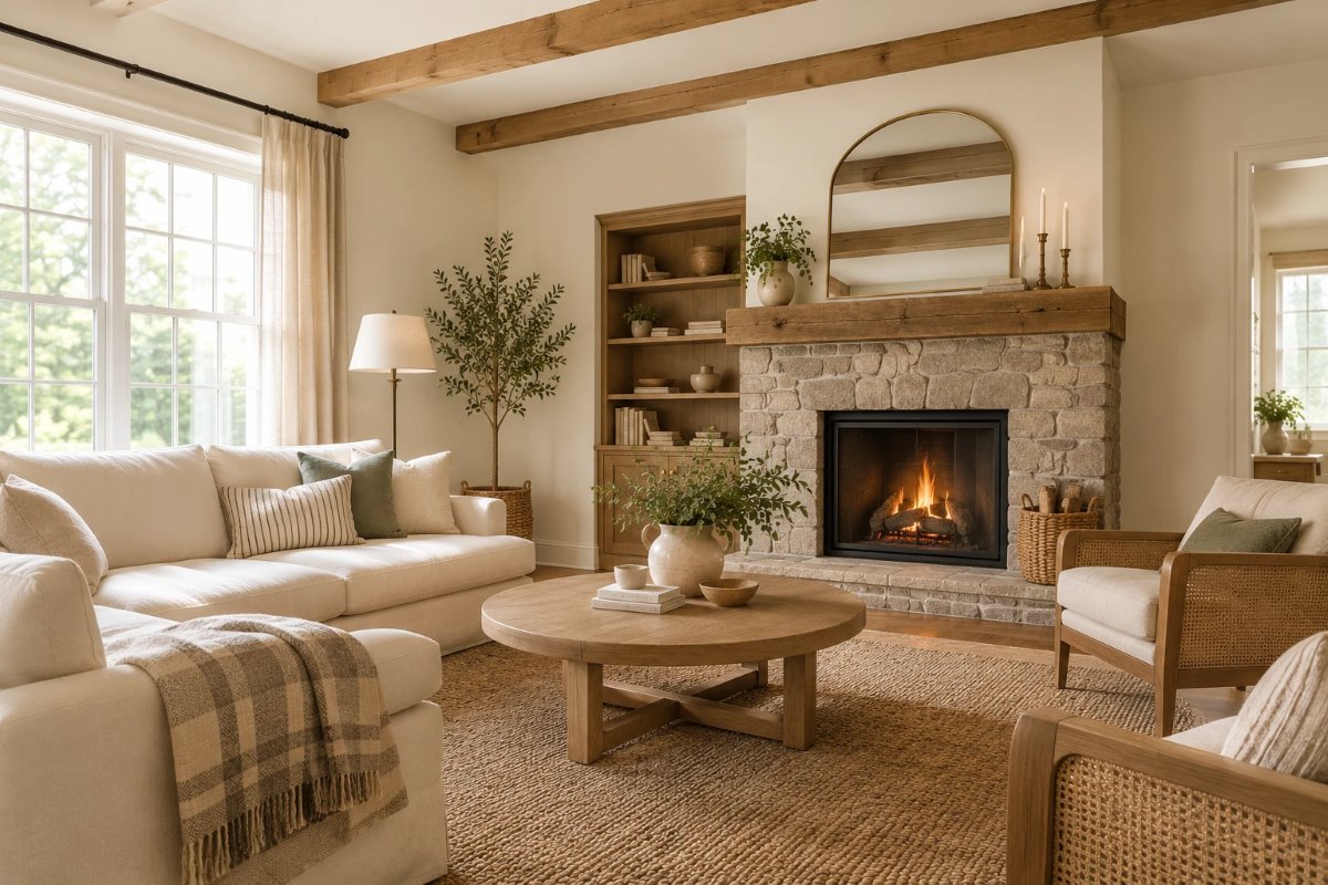 farmhouse living room paint colors: warm white walls, a linen sofa, an oak coffee table and a stone fireplace