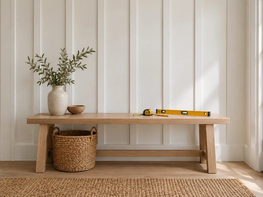board and batten spacing: a white board and batten wall with even battens, a level and a tape measure on a bench