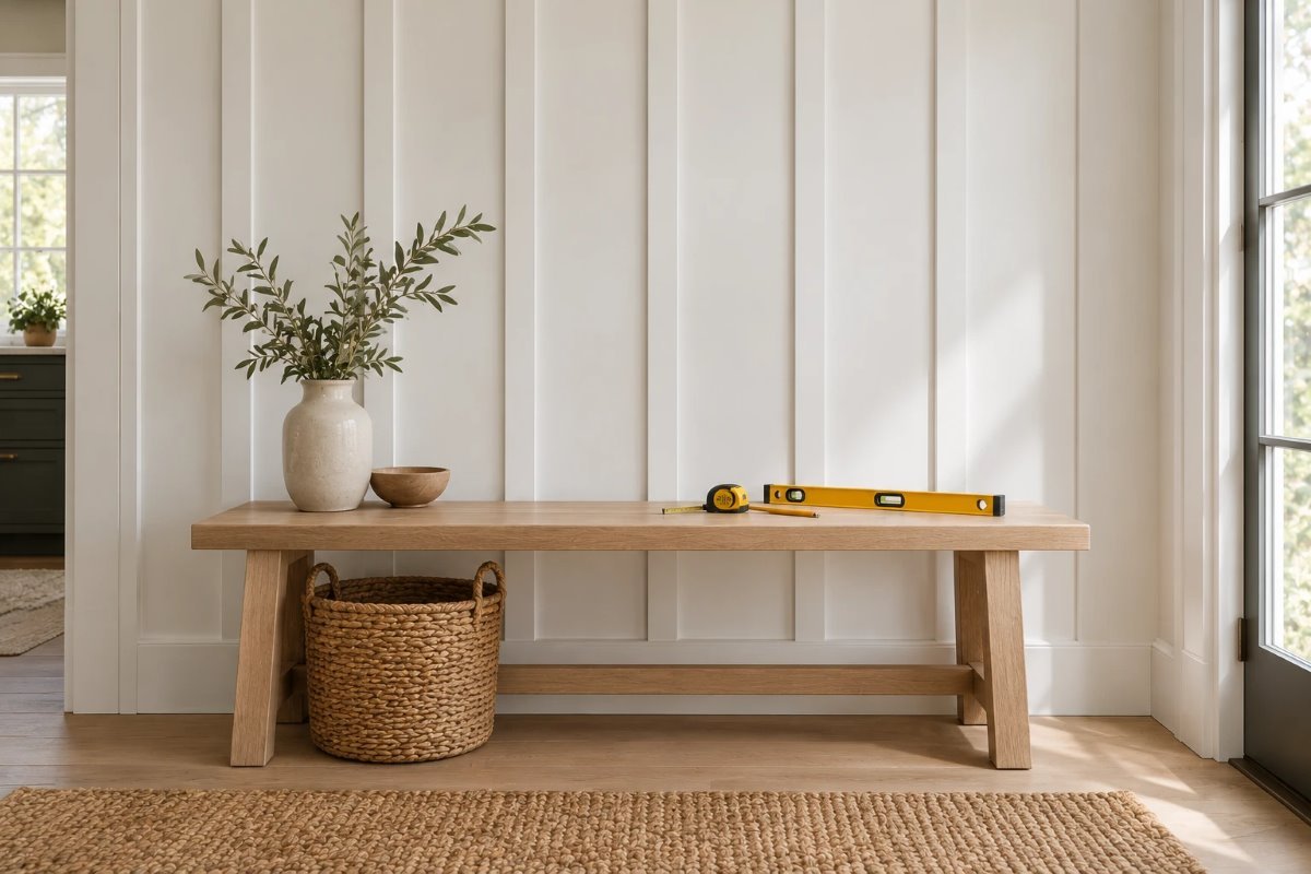 board and batten spacing: a white board and batten wall with even battens, a level and a tape measure on a bench