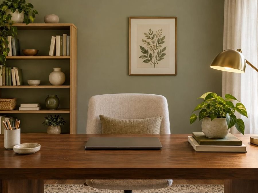 home office video call background with a soft green wall, tidy shelves, a plant and a framed print behind a desk