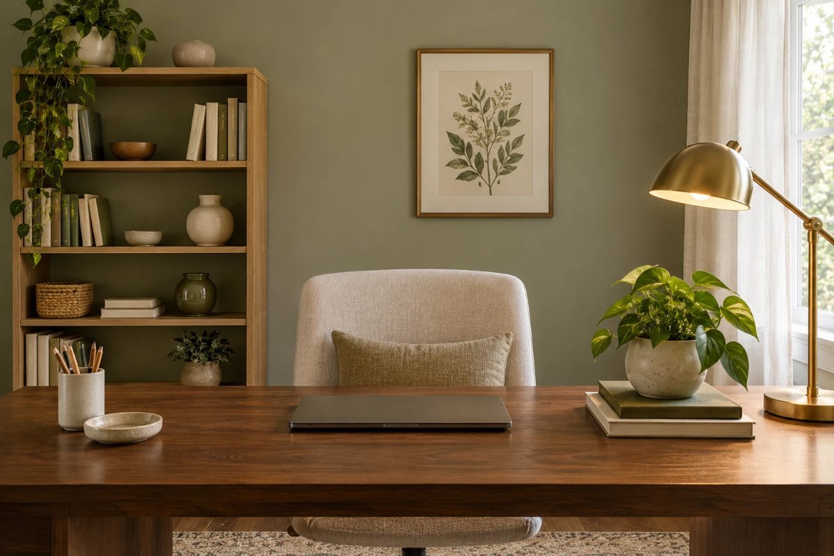home office video call background with a soft green wall, tidy shelves, a plant and a framed print behind a desk
