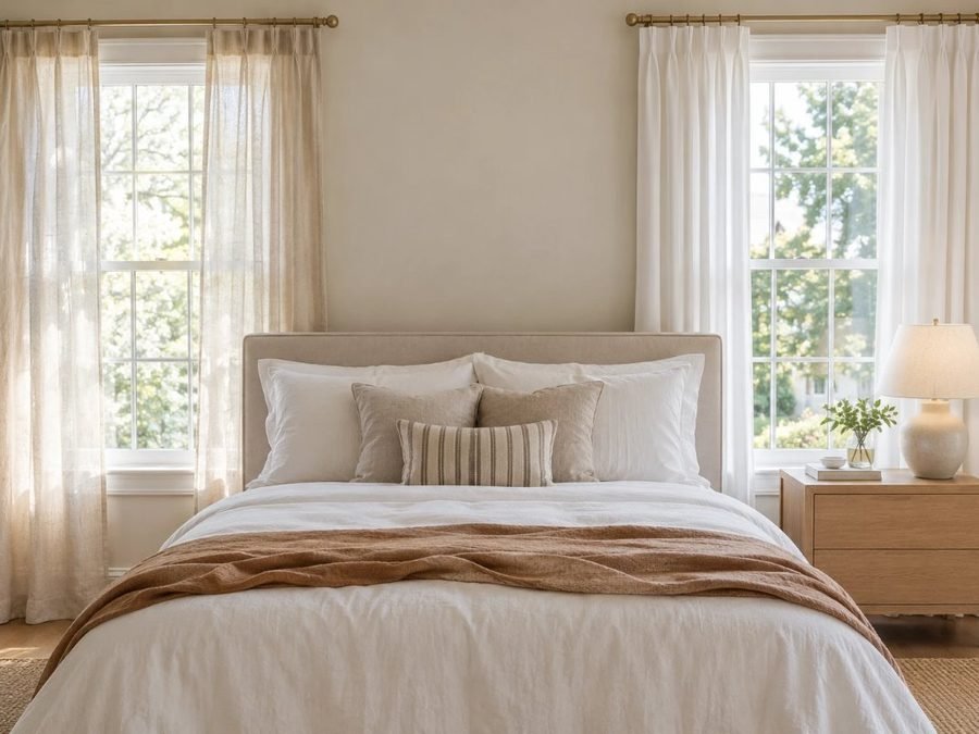 linen vs cotton curtains: a relaxed sheer linen curtain beside a crisp lined cotton curtain at bedroom windows