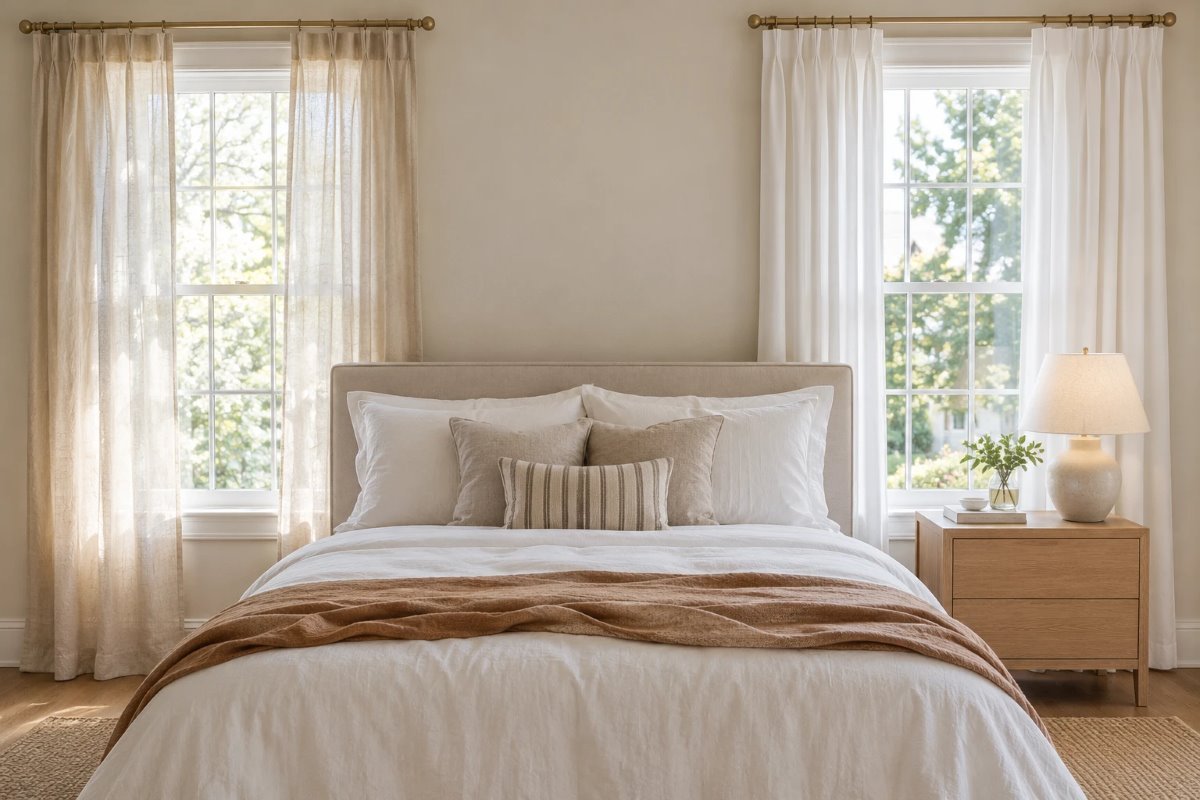 linen vs cotton curtains: a relaxed sheer linen curtain beside a crisp lined cotton curtain at bedroom windows