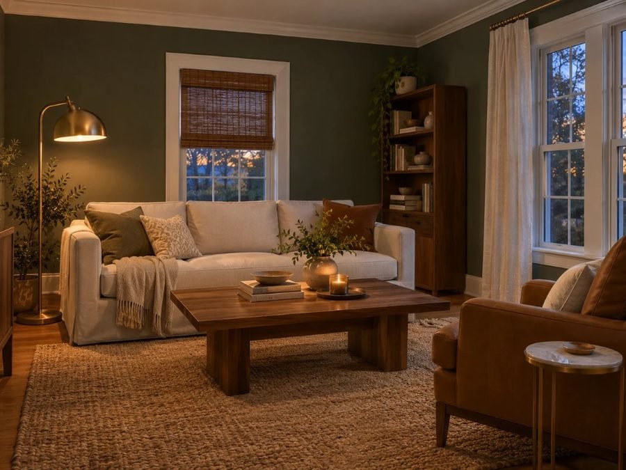 pewter green sherwin williams on living room walls with a cream sofa, leather chair and brass lamp