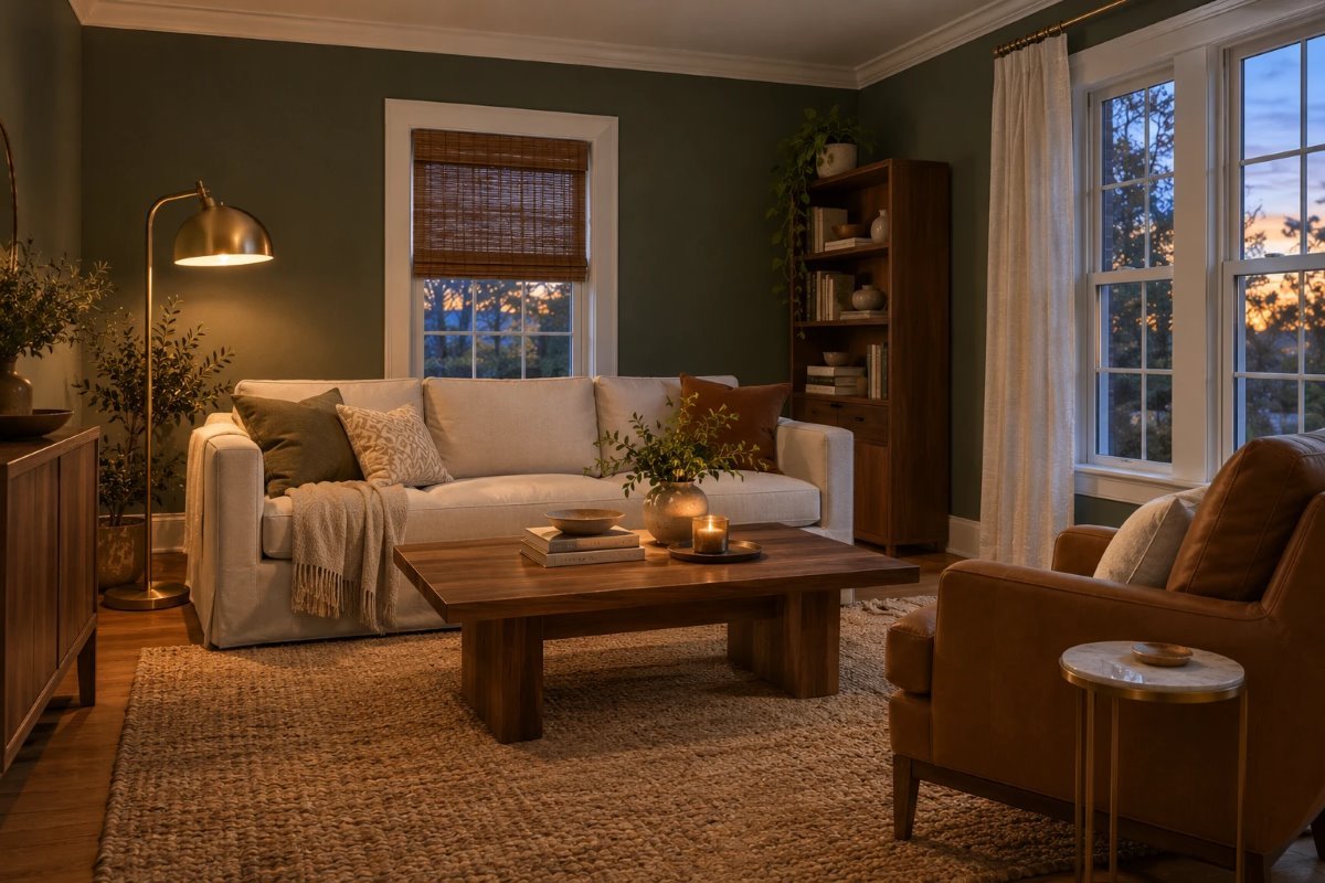 pewter green sherwin williams on living room walls with a cream sofa, leather chair and brass lamp
