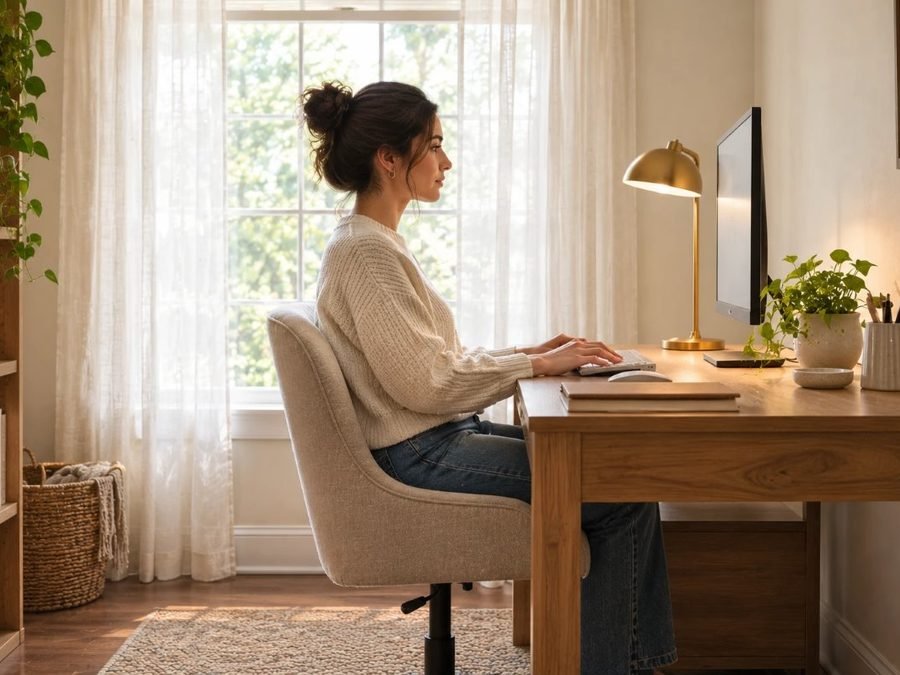 monitor height and distance from desk: a person seated upright at a wooden desk, hands on the keyboard, facing a monitor about an arm's length away