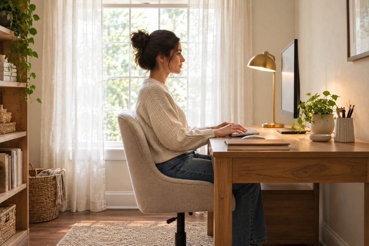 monitor height and distance from desk: a person seated upright at a wooden desk, hands on the keyboard, facing a monitor about an arm's length away