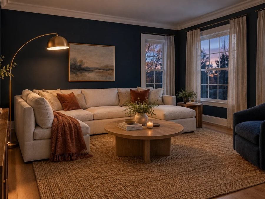 navy blue living room ideas: deep navy walls, a cream sofa, a wood coffee table and a brass floor lamp