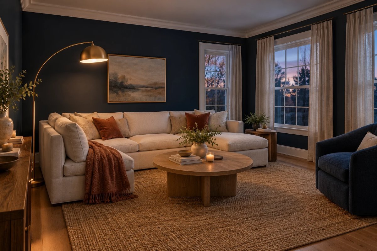 navy blue living room ideas: deep navy walls, a cream sofa, a wood coffee table and a brass floor lamp