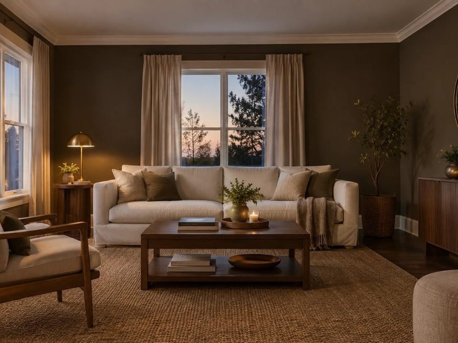 urbane bronze sherwin williams on living room walls with a cream sofa, brass lamp and walnut table