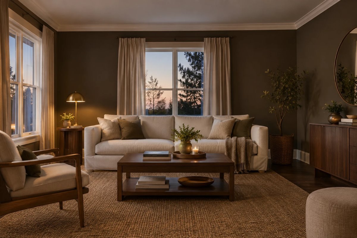 urbane bronze sherwin williams on living room walls with a cream sofa, brass lamp and walnut table