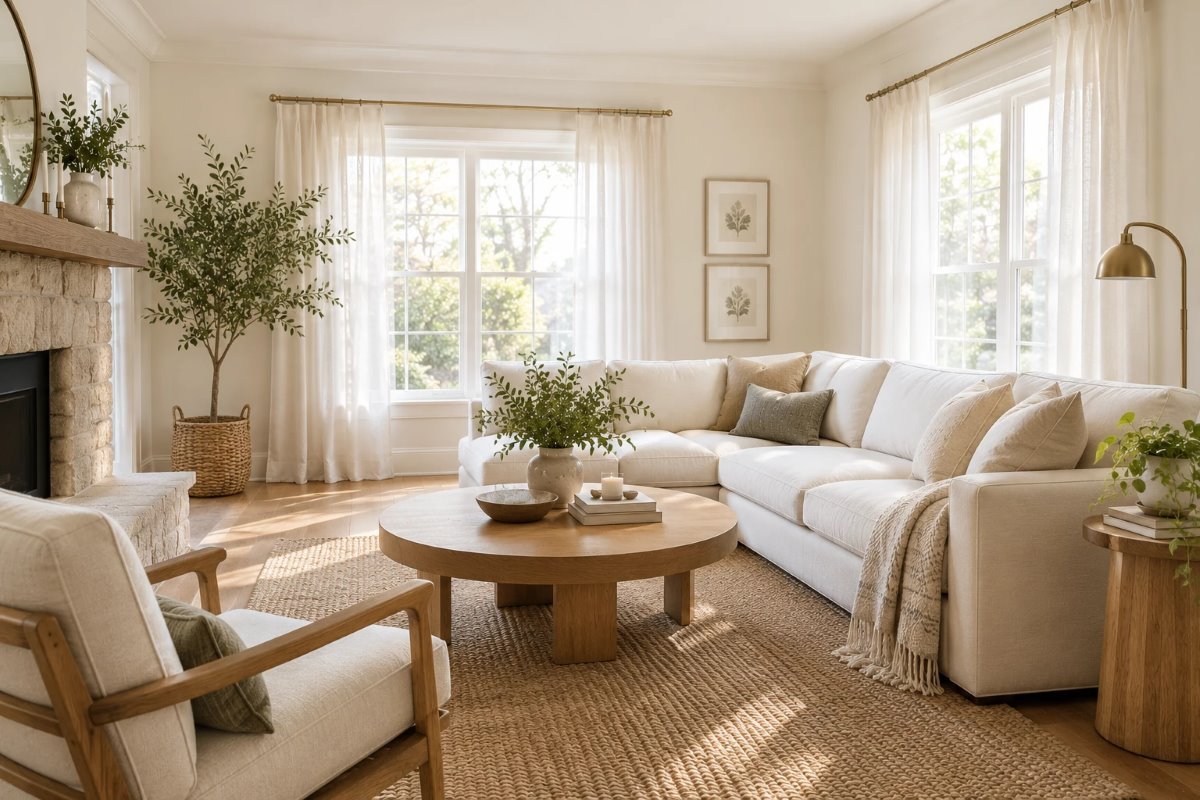 pearly white sherwin williams on living room walls with a linen sofa, an oak coffee table and a stone fireplace