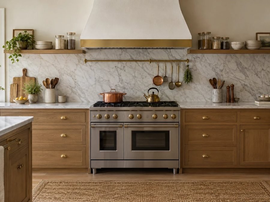 range hood height: a white plaster range hood mounted above a gas range with a marble backsplash and pots on the burners