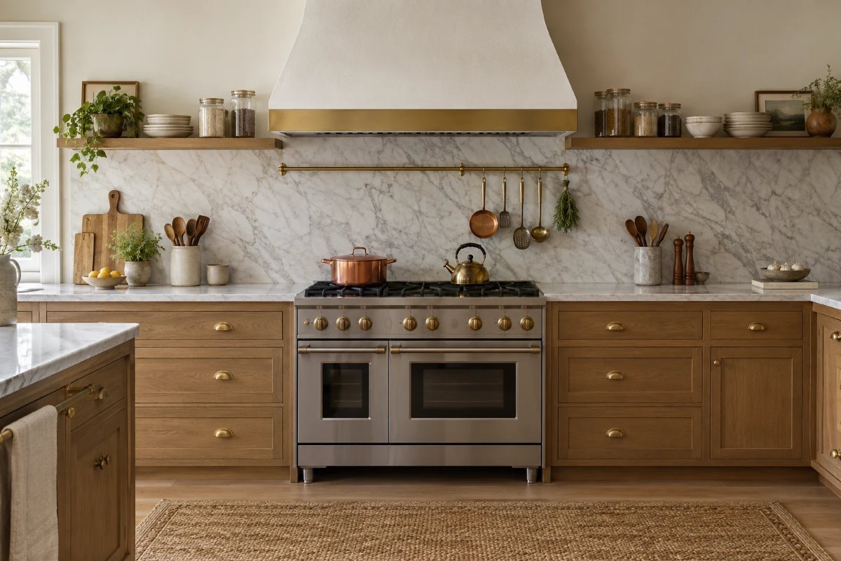 range hood height: a white plaster range hood mounted above a gas range with a marble backsplash and pots on the burners