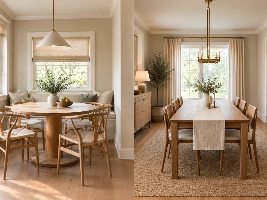 round vs rectangular dining table: a round oak table in a small nook beside a long rectangular table in a larger room