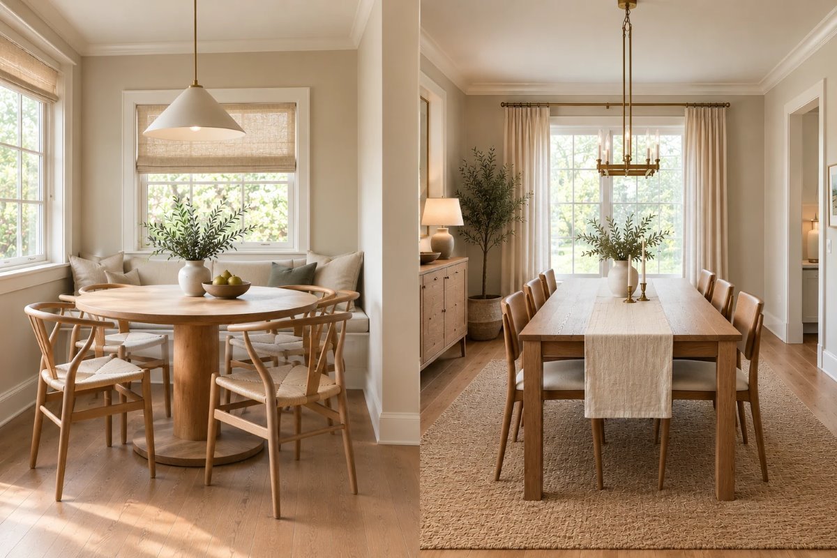round vs rectangular dining table: a round oak table in a small nook beside a long rectangular table in a larger room