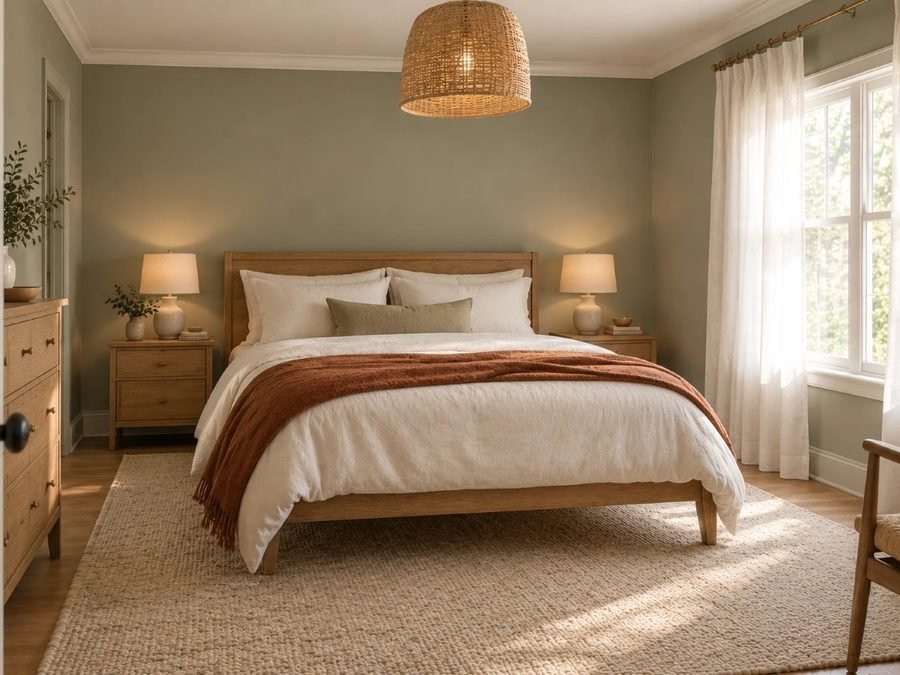 sage green bedroom ideas: soft sage walls, white linen bedding, an oak bed and a woven pendant light