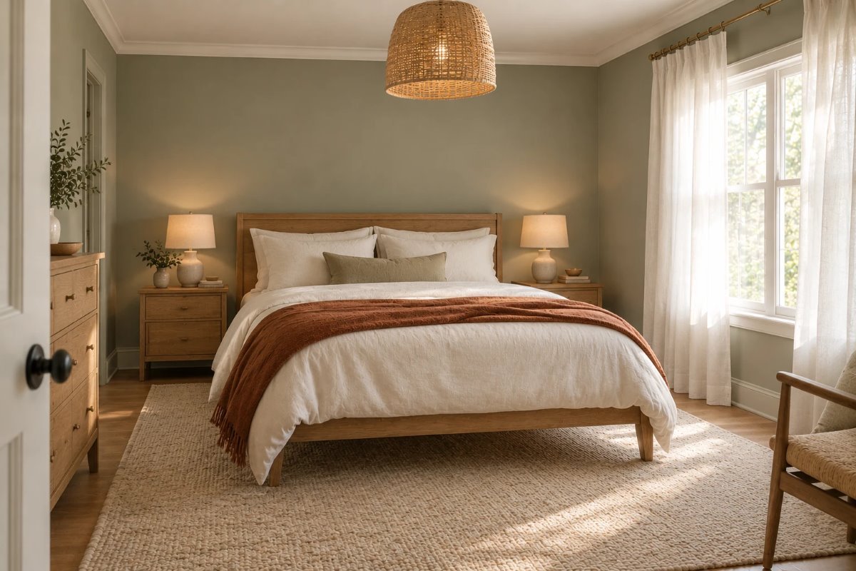 sage green bedroom ideas: soft sage walls, white linen bedding, an oak bed and a woven pendant light