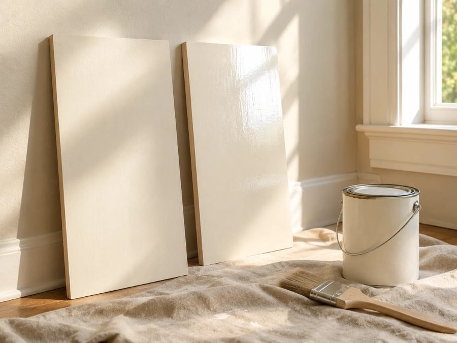 satin vs semi-gloss paint: two painted boards side by side, the right one shinier, in window light