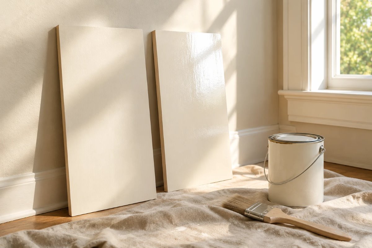 satin vs semi-gloss paint: two painted boards side by side, the right one shinier, in window light