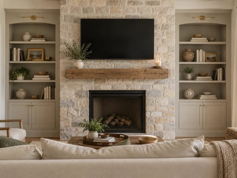 tv height above fireplace: a wall-mounted TV with a gap above the wood mantel and a stone fireplace below