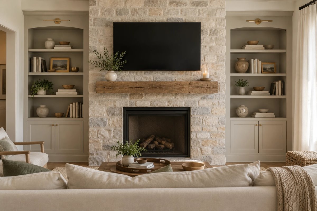 tv height above fireplace: a wall-mounted TV with a gap above the wood mantel and a stone fireplace below