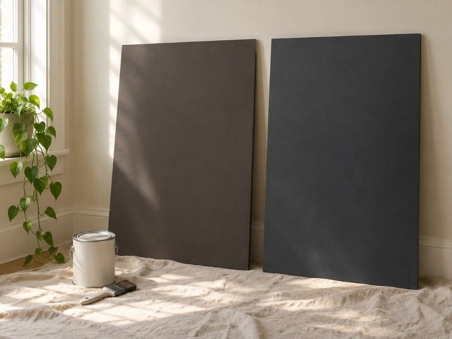 urbane bronze vs iron ore: a warm bronze-gray board and a deep charcoal board leaning side by side against a wall