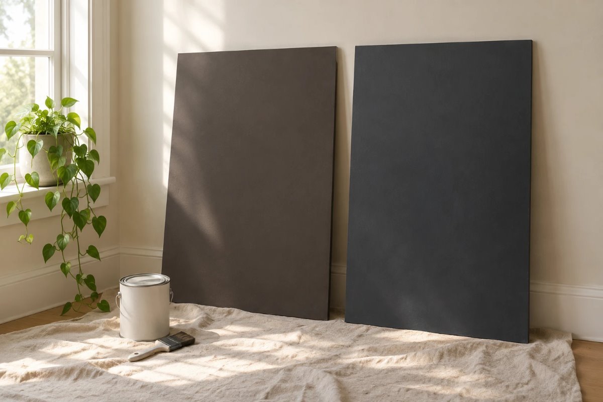 urbane bronze vs iron ore: a warm bronze-gray board and a deep charcoal board leaning side by side against a wall