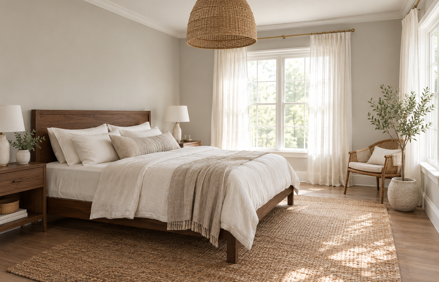 bedroom with soft warm gray walls, linen bedding, a walnut bed frame and a woven pendant light