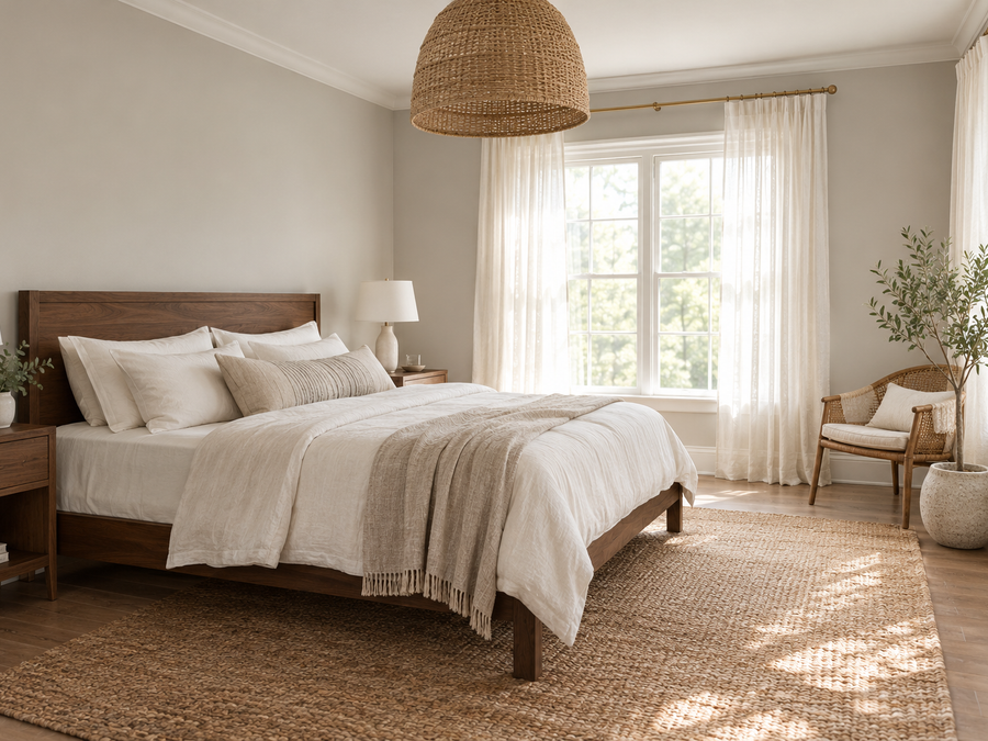 bedroom with soft warm gray walls, linen bedding, a walnut bed frame and a woven pendant light