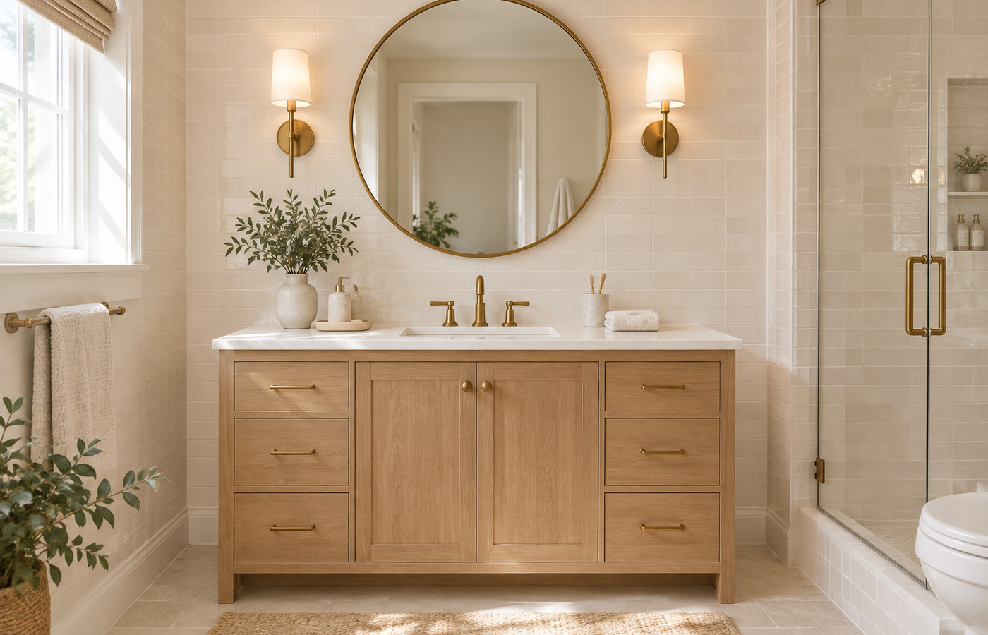 mirror height over bathroom vanity: a round mirror hung a few inches above the faucet of an oak vanity