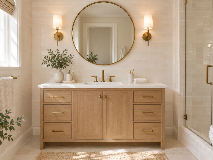mirror height over bathroom vanity: a round mirror hung a few inches above the faucet of an oak vanity