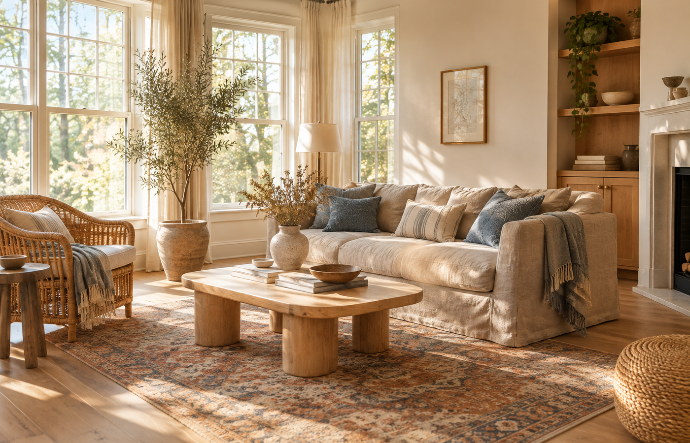 California casual living room with cream sofa, wood coffee table, rattan chairs, and natural textures