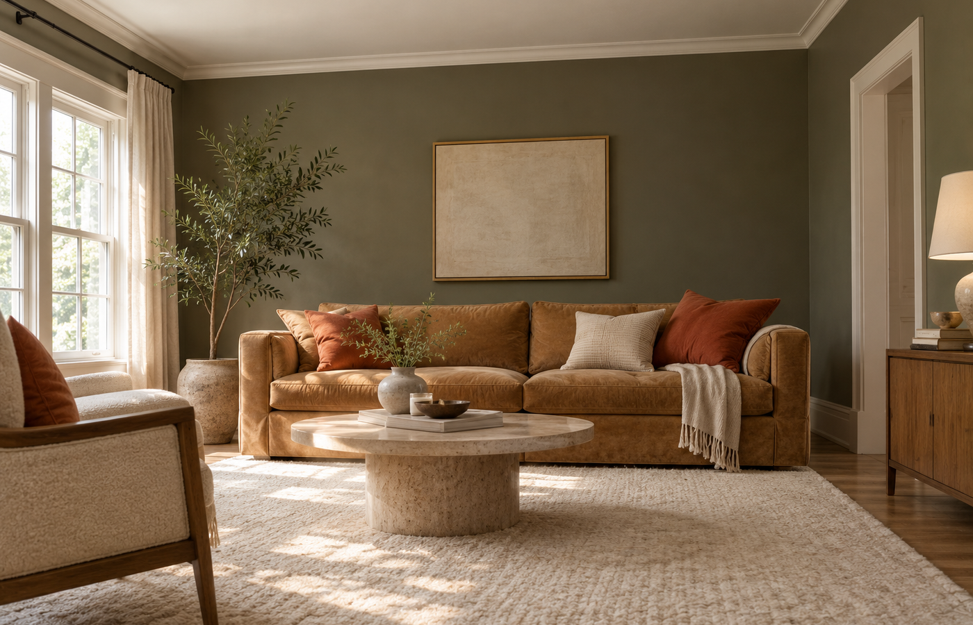 dunn edwards midnight garden living room with deep muted moss green walls, a camel sofa and terracotta accents