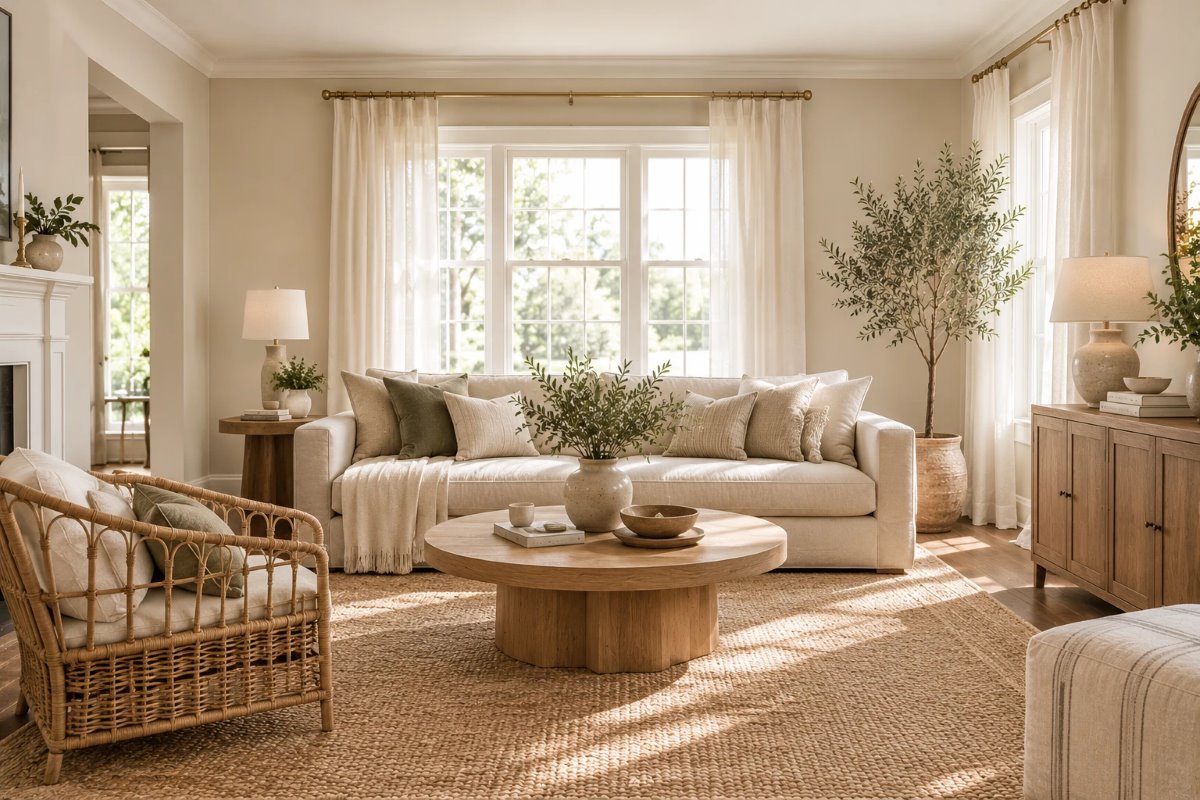 shoji white sherwin williams on living room walls with a linen sofa, oak table and jute rug