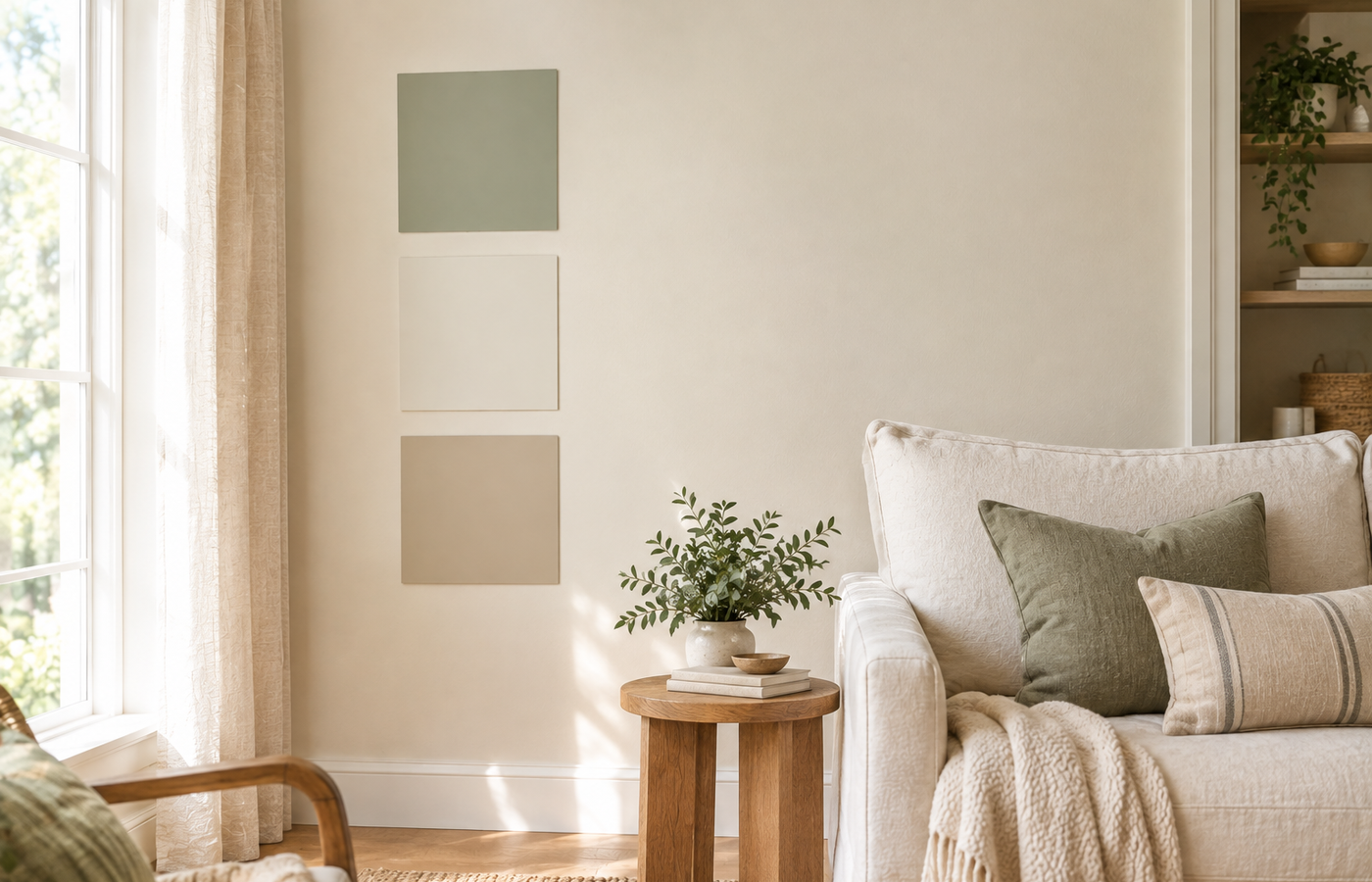 three peel and stick paint samples in green, white and beige stuck to a living room wall beside a linen sofa