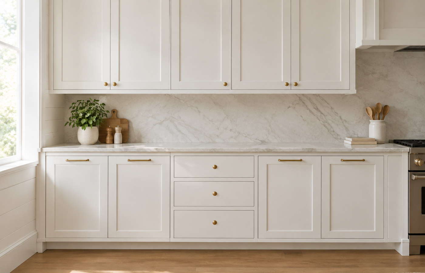 kitchen cabinet hardware placement: brass knobs on upper doors, brass bar pulls on lower doors and centered knobs on drawers
