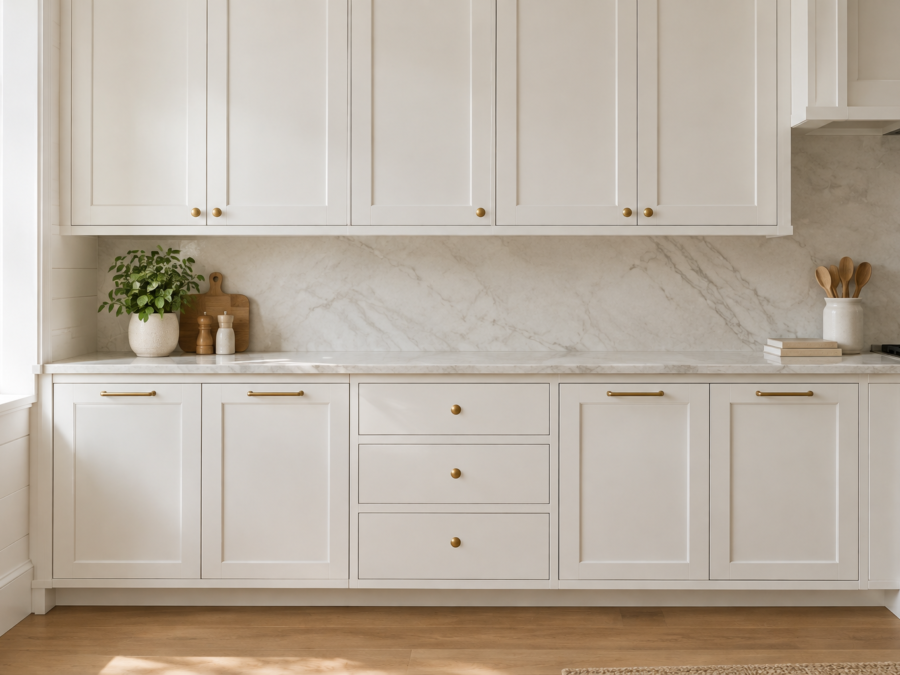 kitchen cabinet hardware placement: brass knobs on upper doors, brass bar pulls on lower doors and centered knobs on drawers