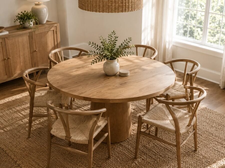 round dining table size for 6: a round oak pedestal dining table with six wishbone chairs on a jute rug