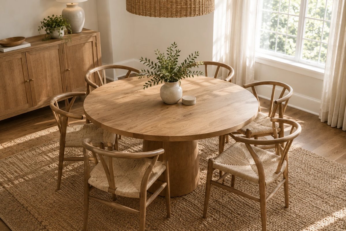 round dining table size for 6: a round oak pedestal dining table with six wishbone chairs on a jute rug