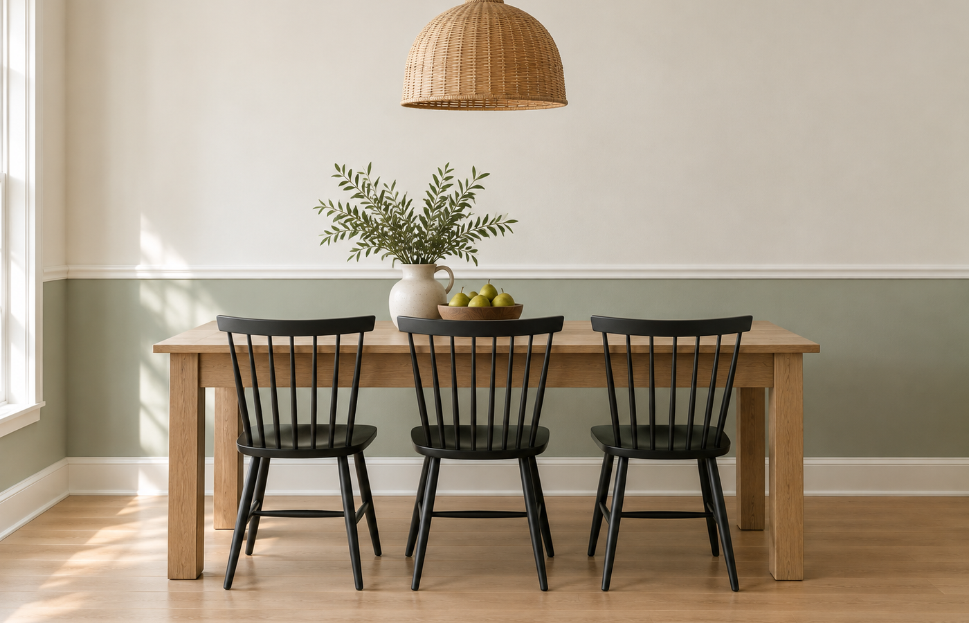 chair rail height example: a white chair rail on a two-tone sage green and white dining room wall, just above the black spindle chair backs